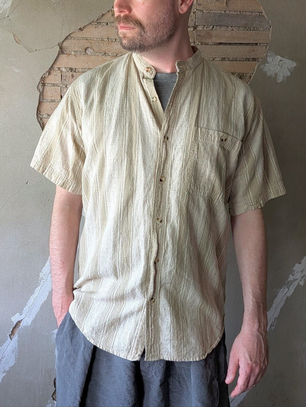 Light Beige Striped Cotton Short-Sleeve Button-Up Shirt